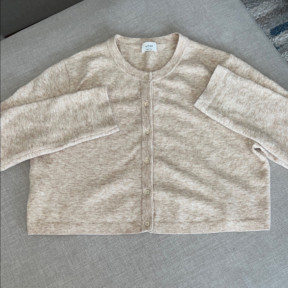 Wilfred Heathered Light Beige Button-Front Crewneck Cardigan